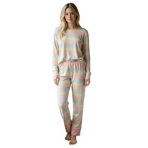 PINK Victorias Secret S M Light Pink Pastel Stripe Long John Pajamas R $79